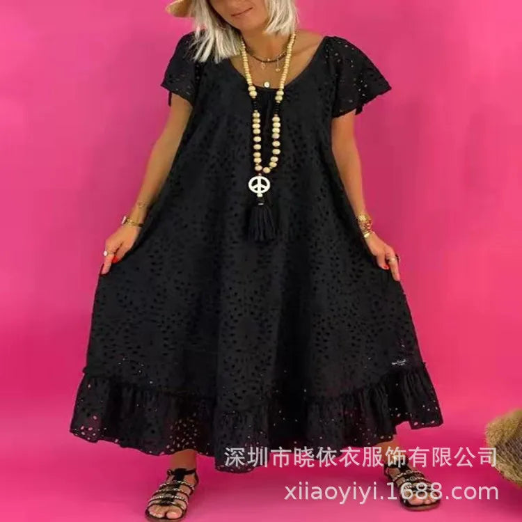 Women Dress Lace Hollow Spliced Casual Long Ruffle Solid Loose Summer Dress 2025. S-3X