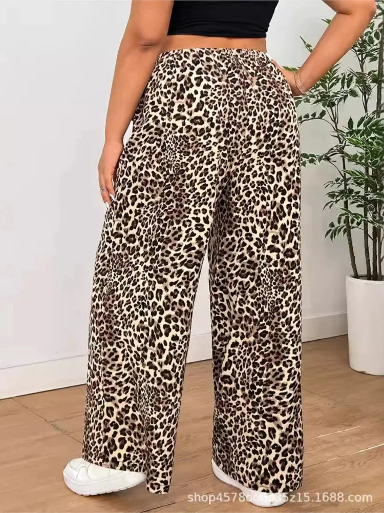 Plus Size High Waist Leopard Print Loose Pleated Ladies Casual Wide Leg Pant