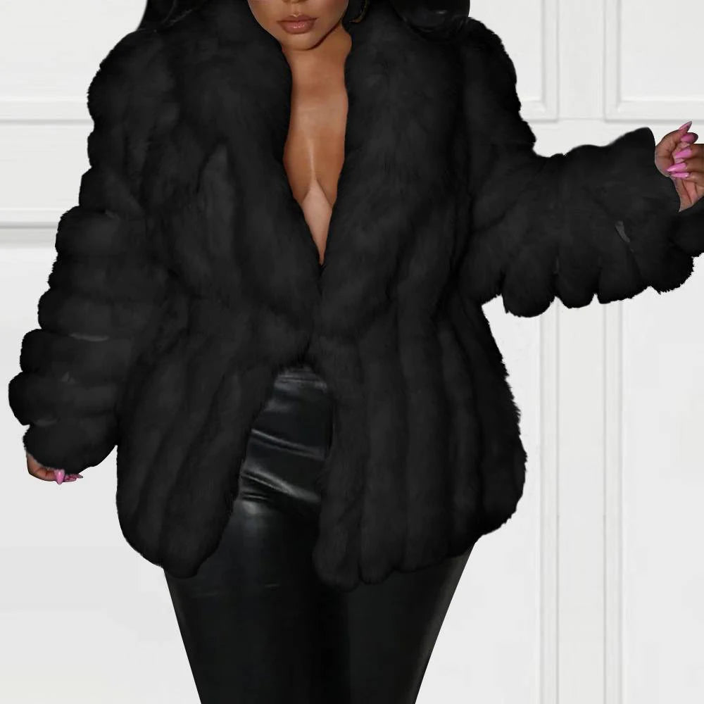 Plus Size Semi Formal Outwear White Faux Fur V Neck Oversized Outwear With Cinch Waist Jacket