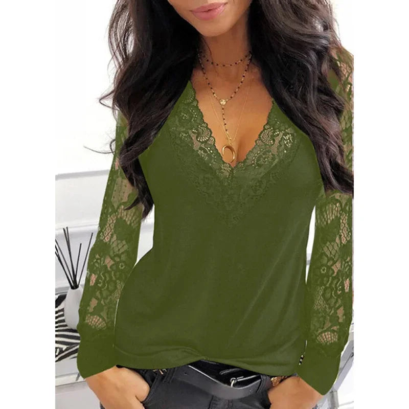 New Ladies Sexy Fashion Lace Slimming V-Neck Shirt. S-3x