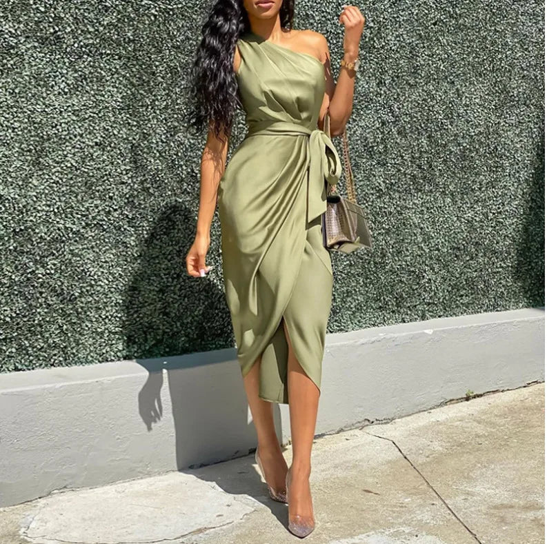 2025 Summer Women Sexy One Shoulder Satin Asymmetrical Ruched Midi Party Dress.
