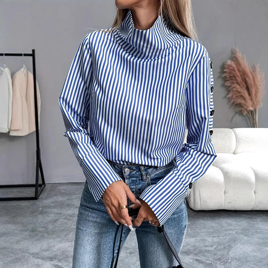 Spring Shirt New Stripe Long Sleeved Top For Women Elegant Woman Blouse . S-2x