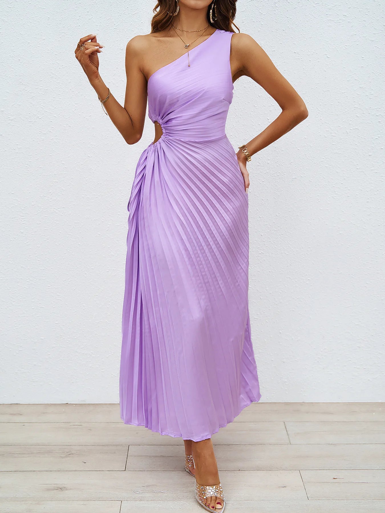 Women's Fashion One-shoulder Slant Neck Line, Pleat Hollow Out Dress Elegant Evening Dress Wedding .