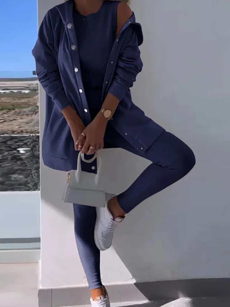 O-Neck Top Long Sweater Matching Set,Solid Three Piece Outfit, . S-3x