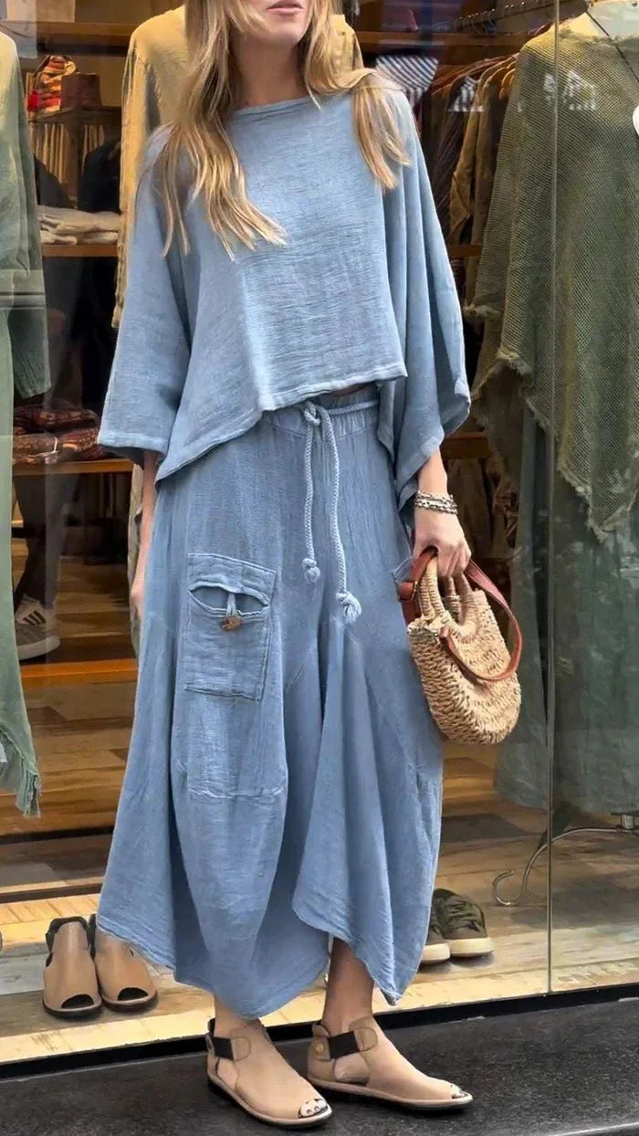 Casual Solid Cotton Linen 2 Piece Sets Women Spring O Neck Top Pullover Belted Skirt Outfit Fall 3/4 Sleeve Loose Suit. S-3x