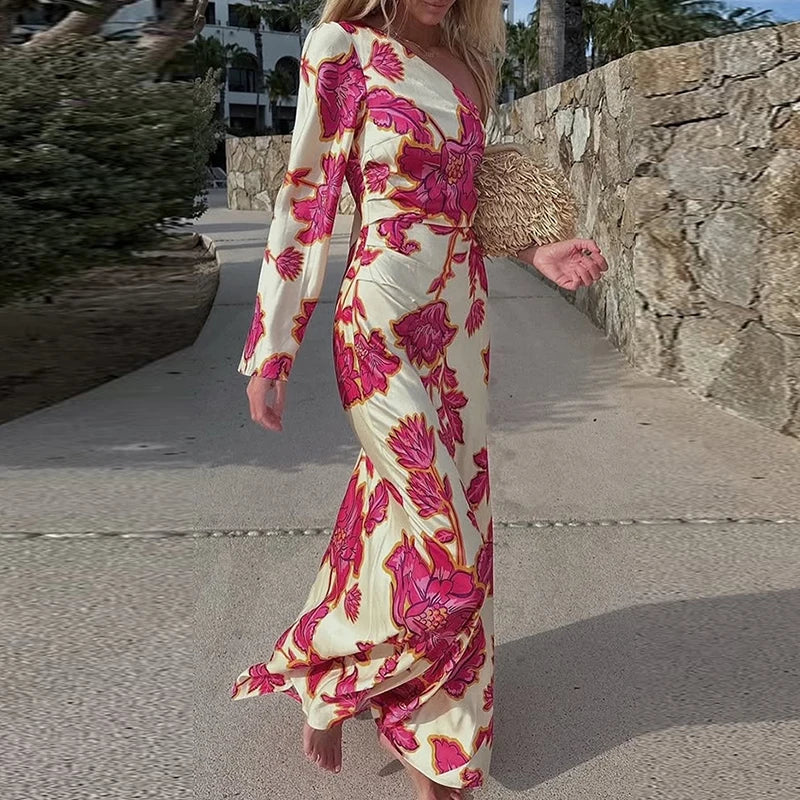 Fashion Floral Printed Holiday /Party Dress 2025 Women Elegant Long Dress Sexy One Shoulder Dress. Vestidos S-XL
