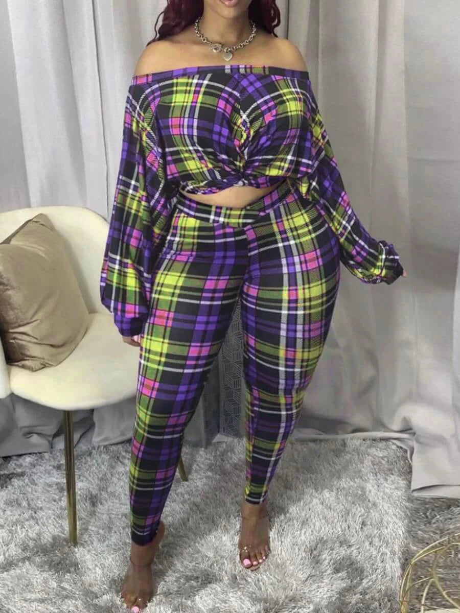 Plus Size Trendy Dew Shoulder Grid Print Purple Two-piece Pants Set Neck Bubble Sleeve Top