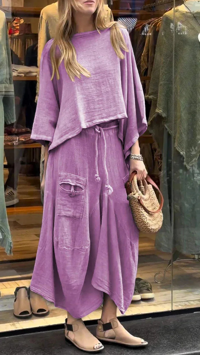Casual Solid Cotton Linen 2 Piece Sets Women Spring O Neck Top Pullover Belted Skirt Outfit Fall 3/4 Sleeve Loose Suit. S-3x