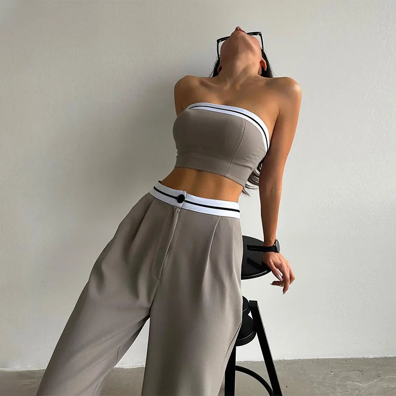 Women's Two-Piece Solid Color Sleeveless Vest Bra & buttoned Pants Summer Sexy Set. S-2x