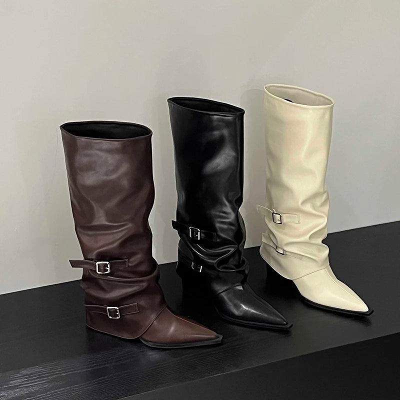 Retro Style Boots Fashion Belt Buckle Autumn Winter Wedge Heel European style