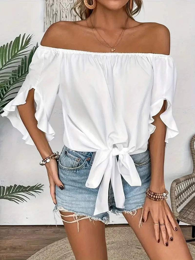 Summer One Shoulder Short Sleeved Top for Women Solid Colour Ruffle Sleeve Elegant Top. S-2X