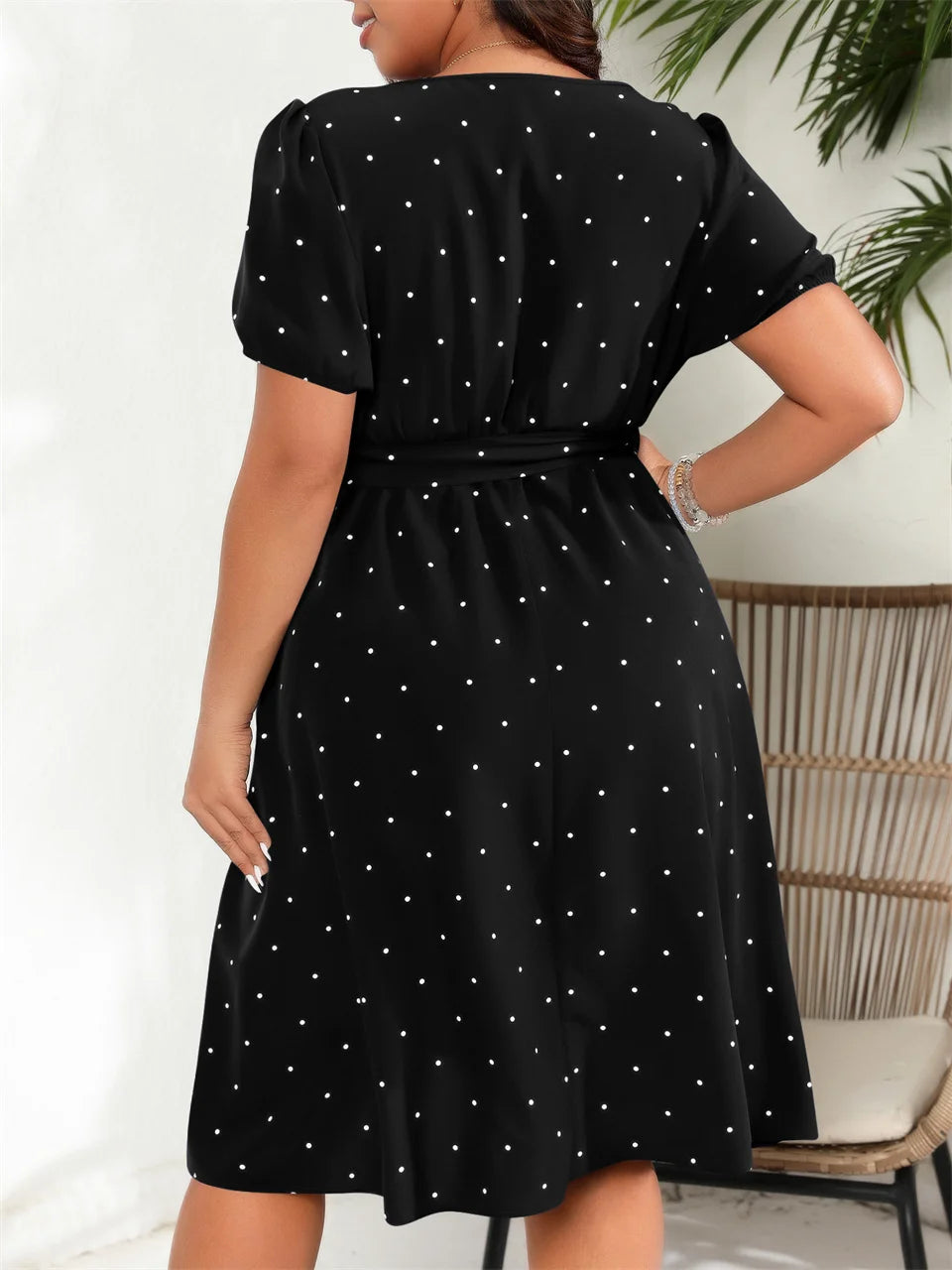 Plus Size Square Neck Polka Dot Belted Dress Women's Elegant High Waist Summer A-line Dress