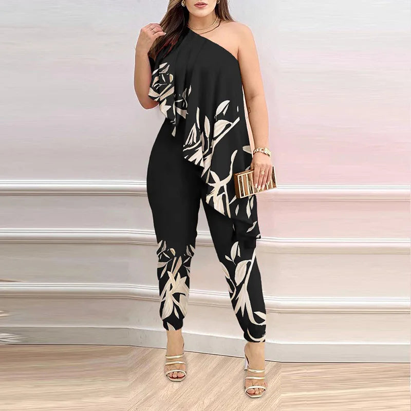 New Pencil Pants Women Summer Printed Fashion Skew Collar Sleeveless Ruffles Jumpsuit. S-2x