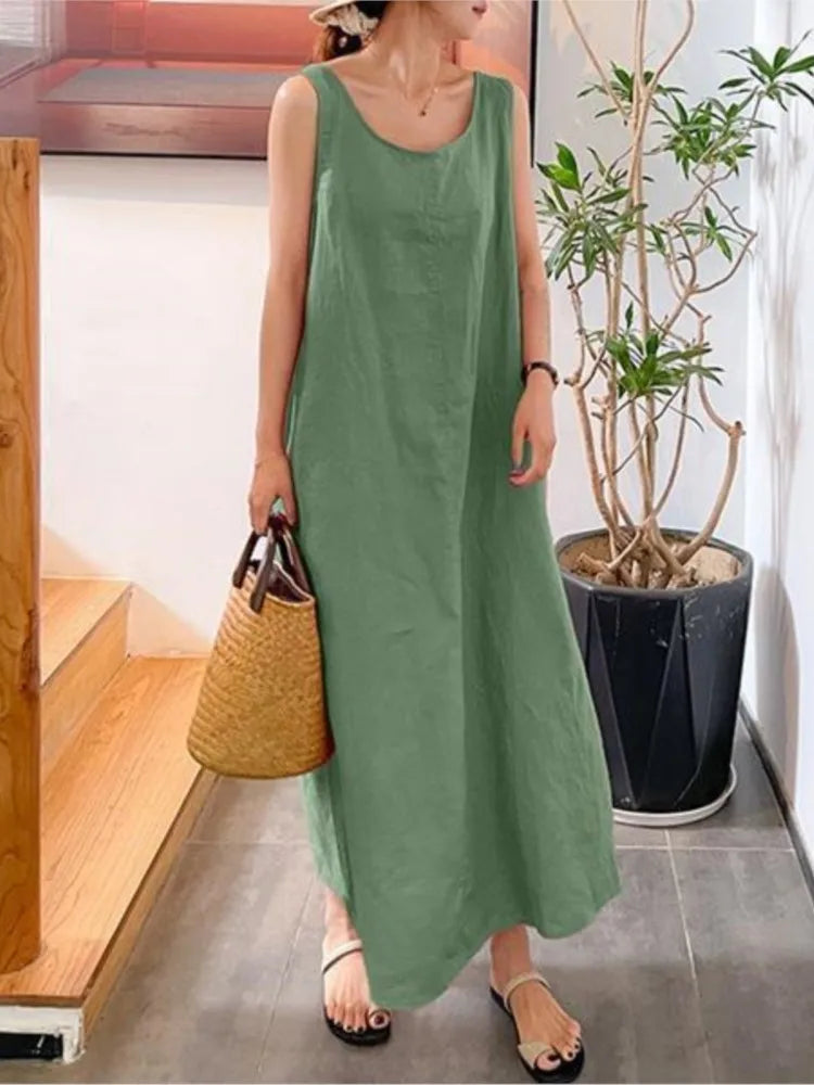 Fashion Cotton And Linen Simple Women's Long Dress Summer Casual Loose Pocket O-neck Elegant Women's Sundress. S-4X