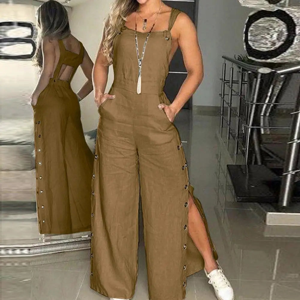 Women's Sleeveless Wide Leg Jumpsuit with Side Pockets And Button Closure Solid Colour Loose Fit Romper . S-2x