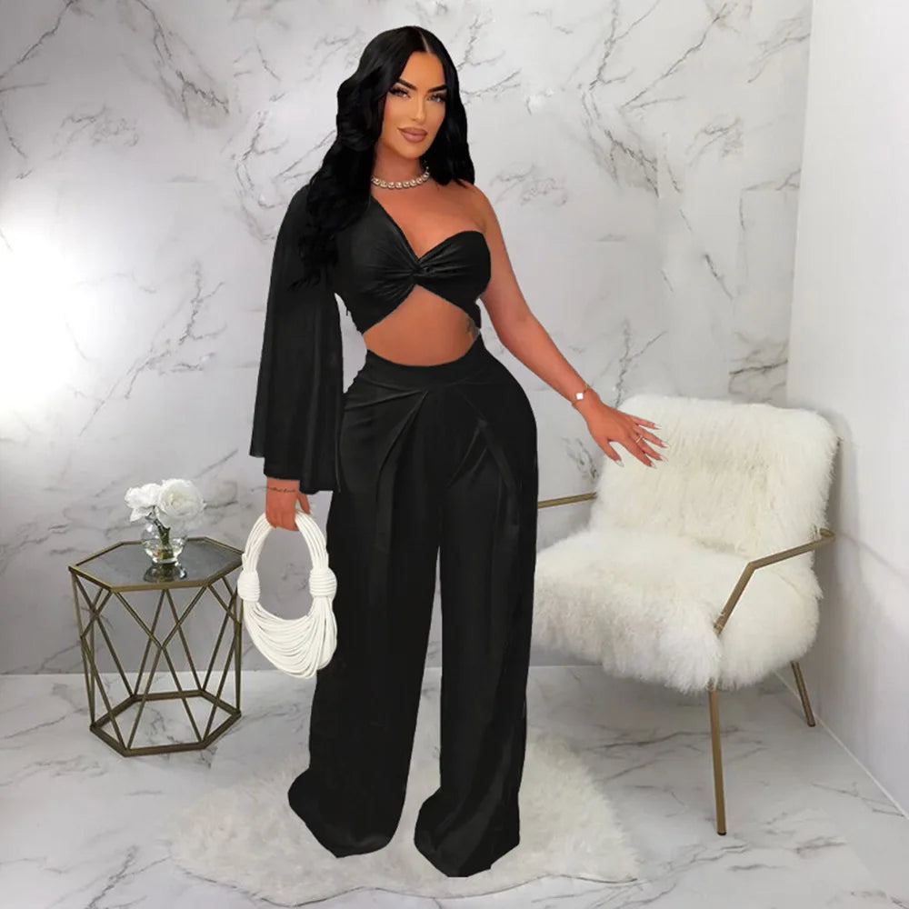 Ladies Sexy Two Piece Matching Set Wide Leg Pants One Shoulder Top. Sz: S-xxL
