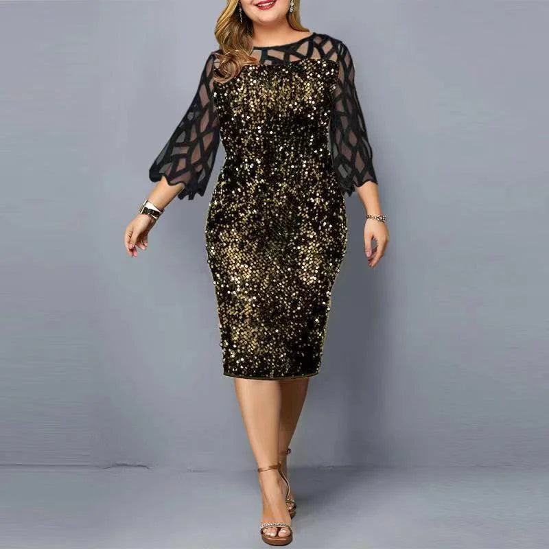 Elegant Sequin Plus Size Women Dress Sexy Casual Evening Party Dress