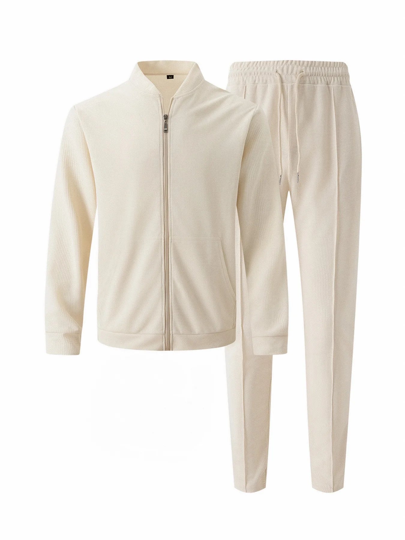 2025 new spring and autumn men stand collar solid color baseball casual Waffle full pants two piece men's suit. SZ: S-3X