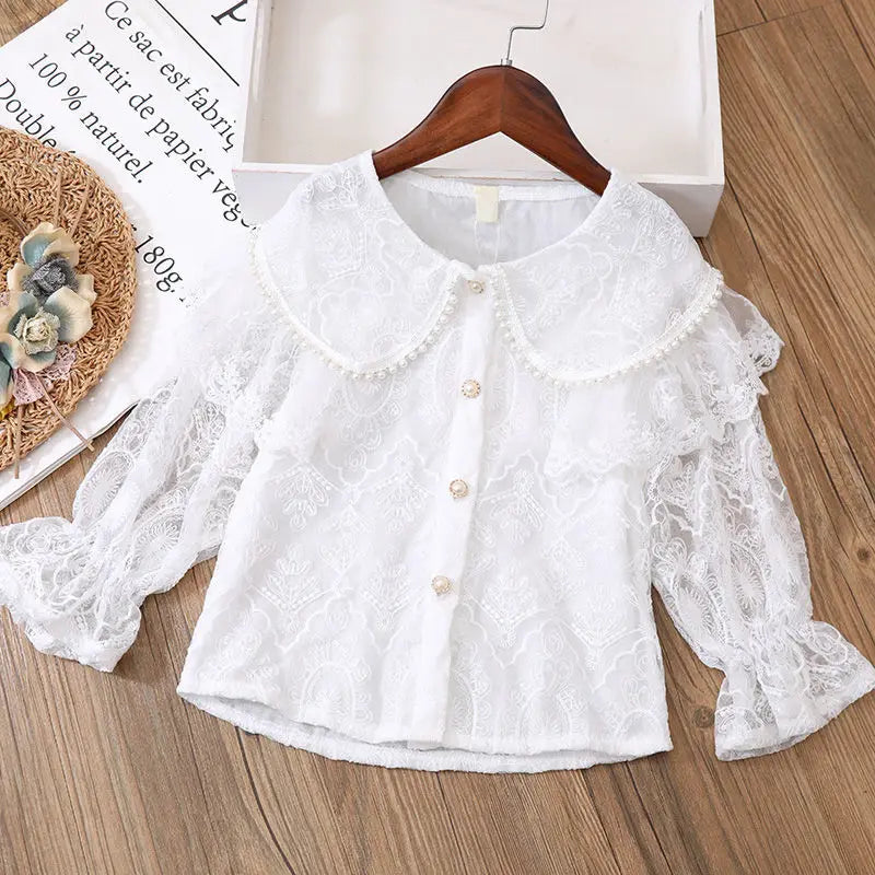 Girls Set All Season Children's Lace Long-sleeved Shirt Two-piece Set.