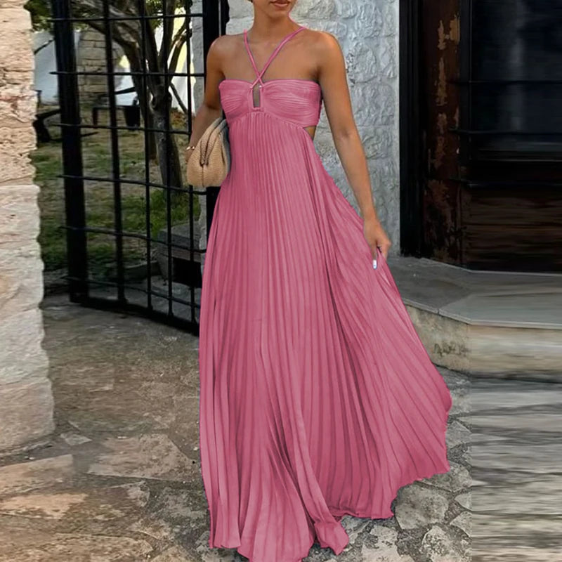 High Waist Pleats Sleeveless Solid Colour Summer Sexy Halter Party Dress. S-XL