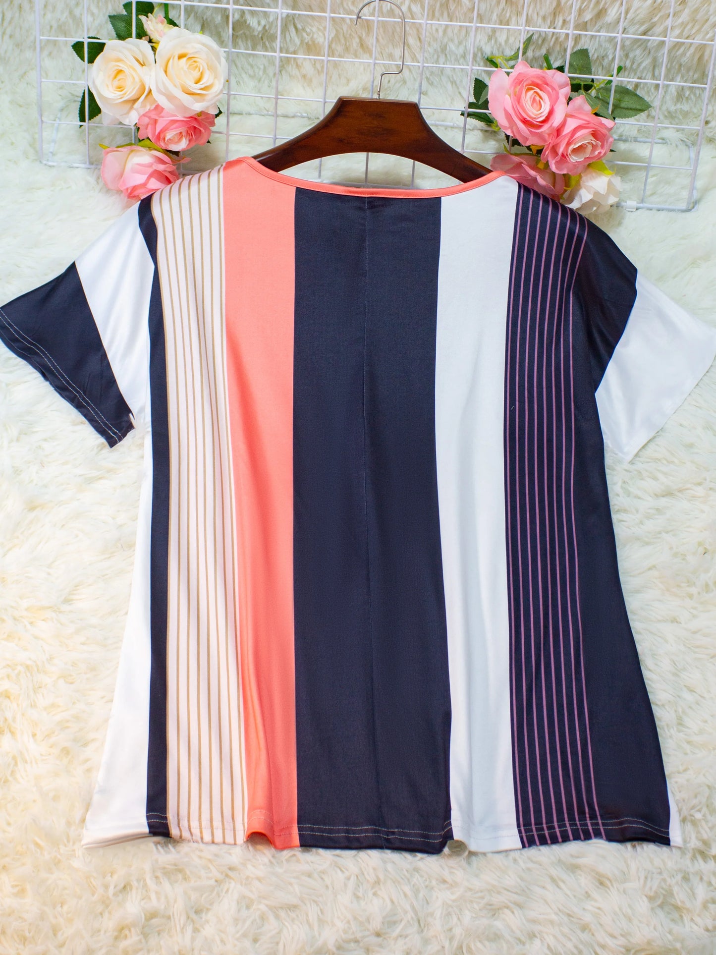 Women's Plus Size V-Neck Striped Shirt Spring Summer Casual Elegant Blouse Top, European Style Fashion