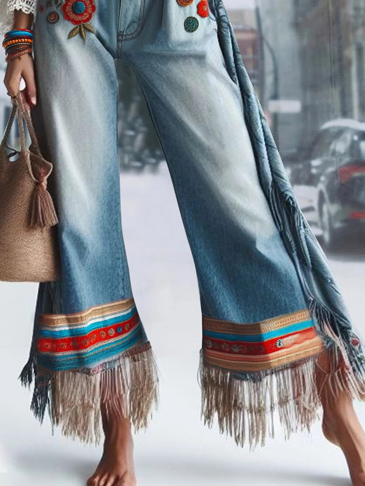 Women's Tassel Jeans Pockets Floral Embroidery Patchwork Denim Straight Leg Casual Vintage High Waist. Sz S-3xl