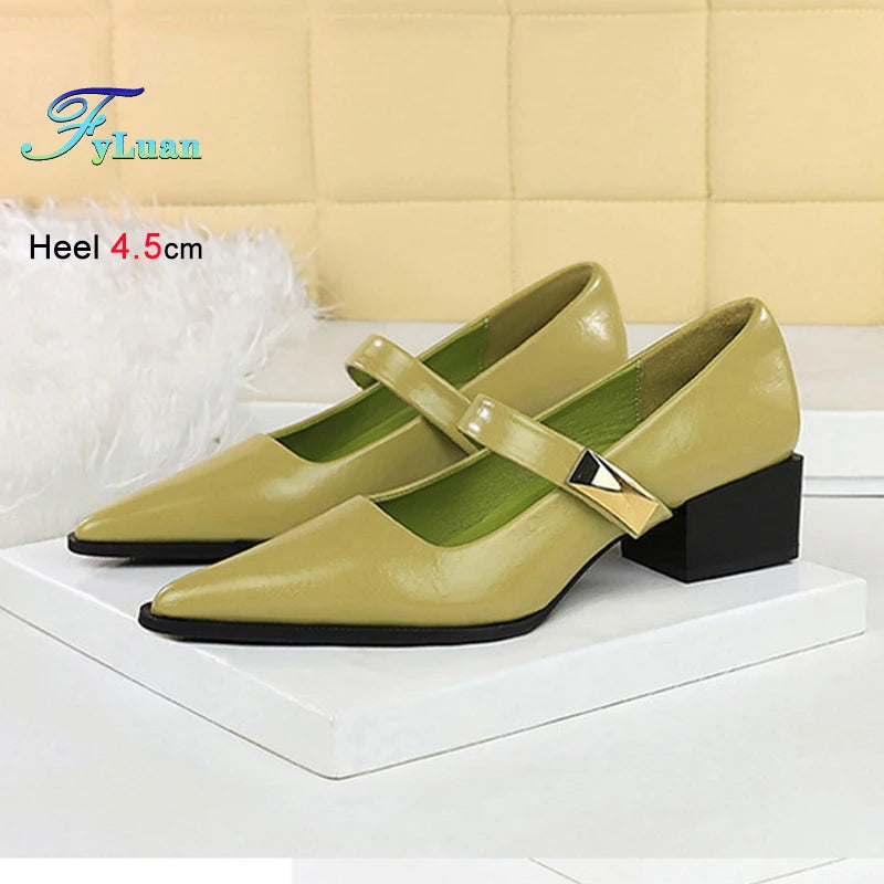 Retro Beautiful Italian Style 4.5cm Pumps Low Heeled Pointed Women Shallow Mouth Metal Buckle Pumps Thick Heel