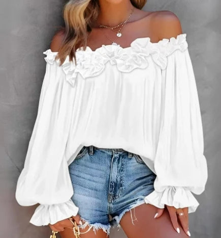 Spring Summer Women's Blouse Solid Colour Pleated Loose Ruffle Hem Lantern Sleeve Top Off Shoulder Shirt