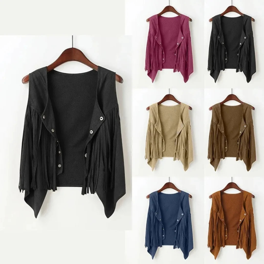 Women Faux Suede Ethnic Sleeveless Rivet Fringe Tassels Hippie Open Front Vest Vintage Cowgirl Vest