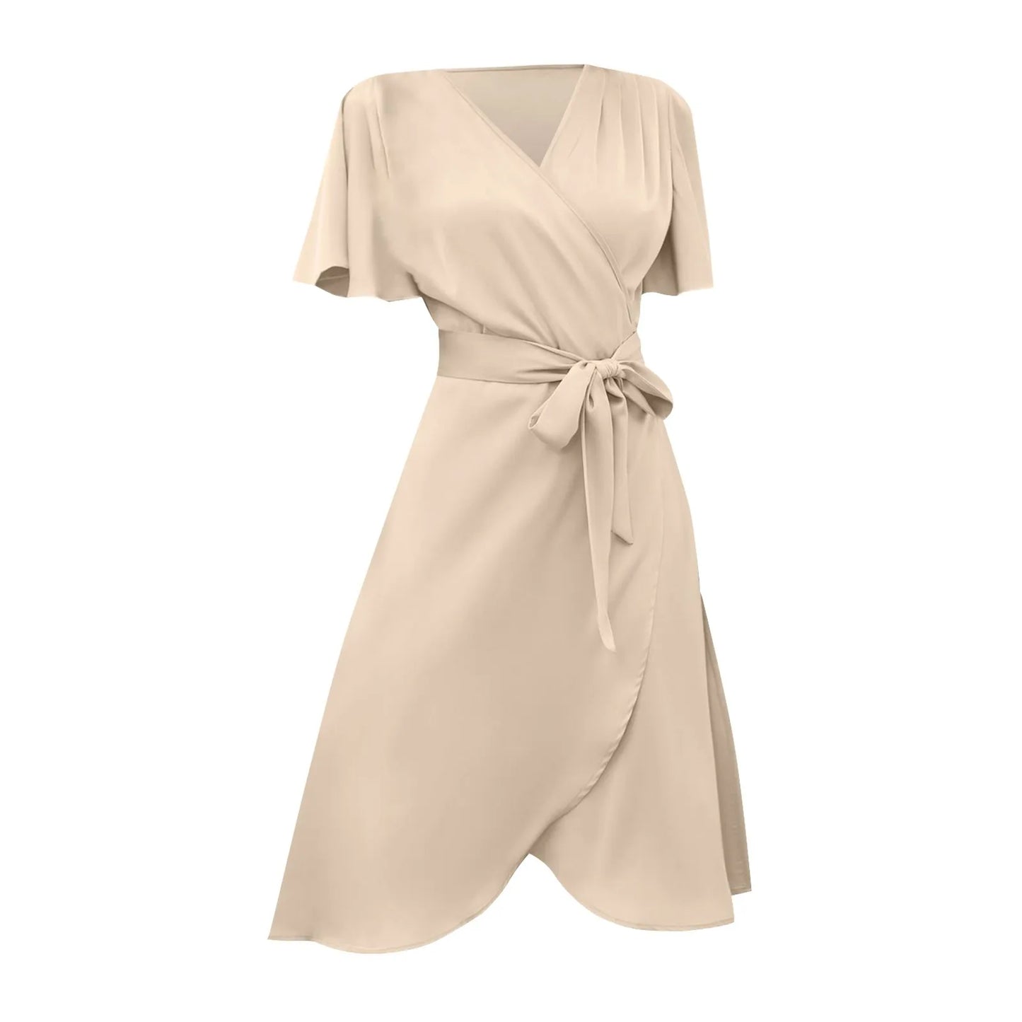 Elegant Ladies Summer Sale Satin V Neck Slim Waist Dress Bell Sleeve Summer Dress For Women . S-2X