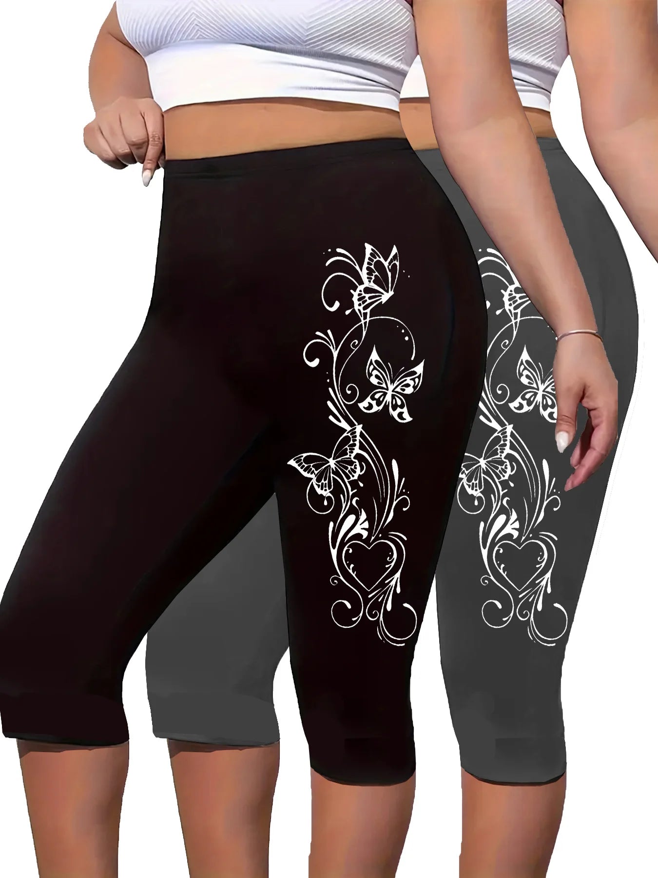 Two Pieces Of Plus-size Women's Printed Cropped Pants, Tight-fitting Cropped Pants, Comfortable Elastic pant
