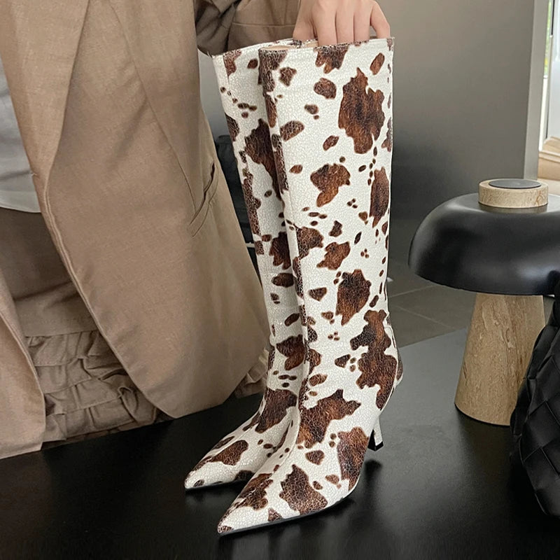 Women's Knee High Boots - Pointed Toe Zipper Boots with Thin Heels