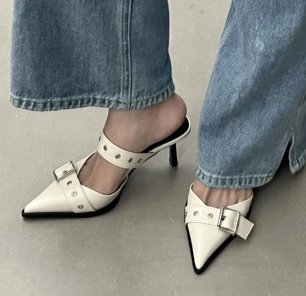 Metal Buckle High Heel Sandals Pointed Toe Thin Heels Sandals.