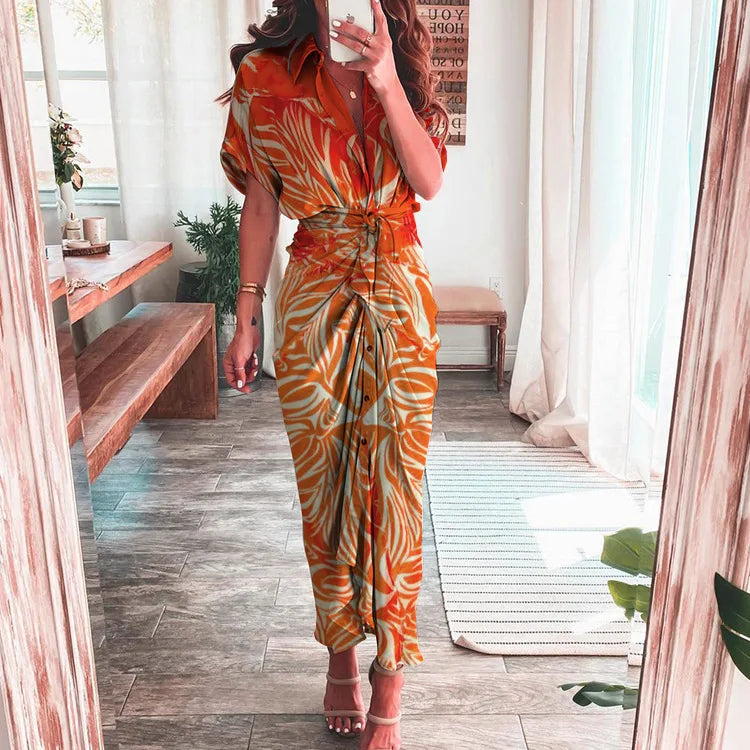 Summer Fashion Printed Short Sleeve Dress Vintage Waist Tie-up Button Bandage Long Dress. S-3x