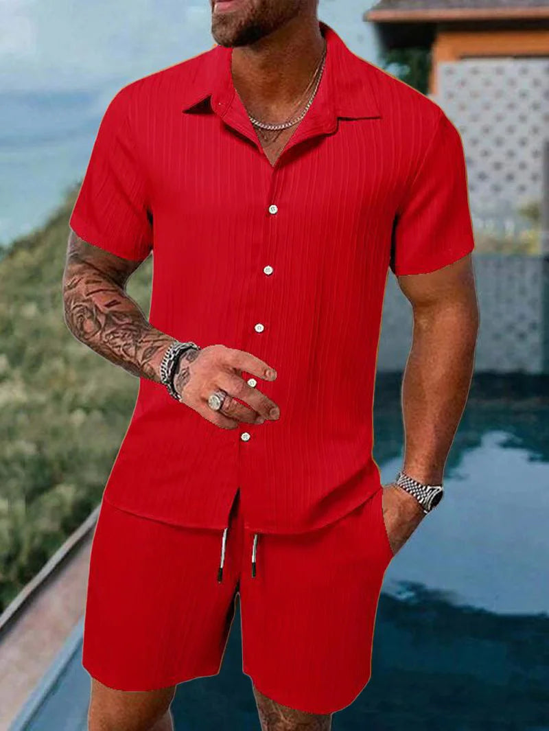 Spring and summer European Style new men's striped jacquard loose shorts and shirt set. S-3x