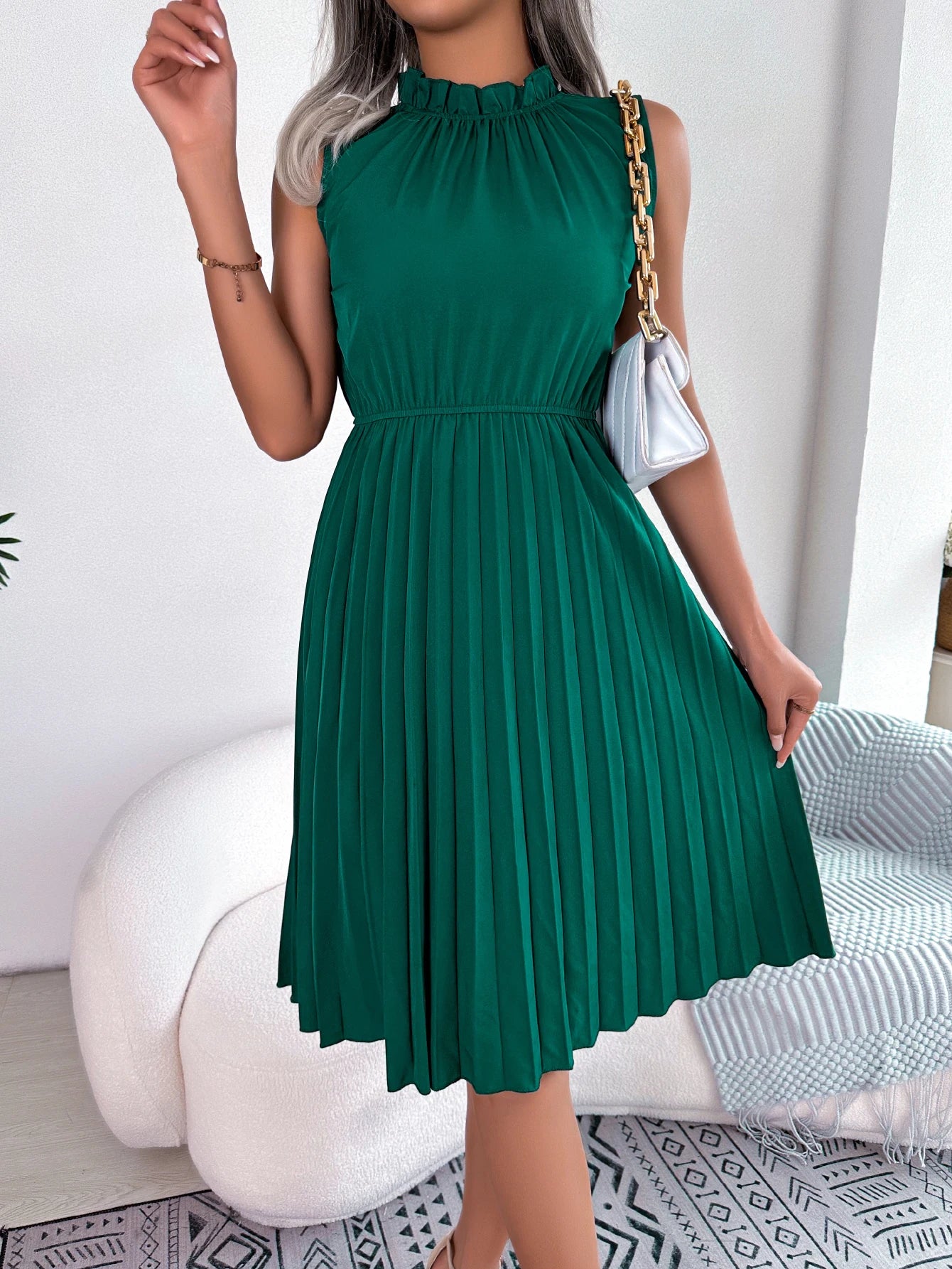 Women Summer Casual Pleated Sleeveless Knee Length Dress. S-XL