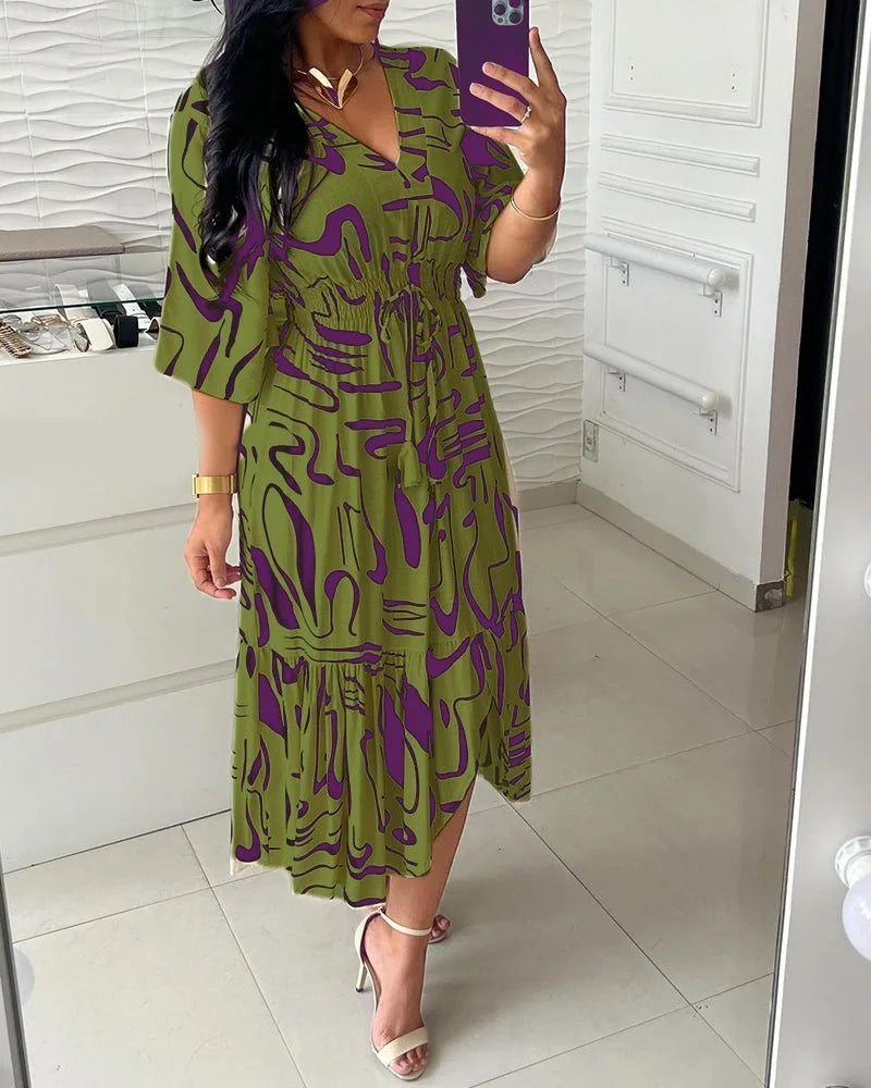 Long Dress Printed Elegant Women Elastic Waist Casual Half Sleeve A-line Dress. S-3X