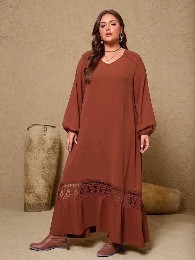 Plus Size Brown Lace Maxi Dress - V-Neck Belted A-Line Gown