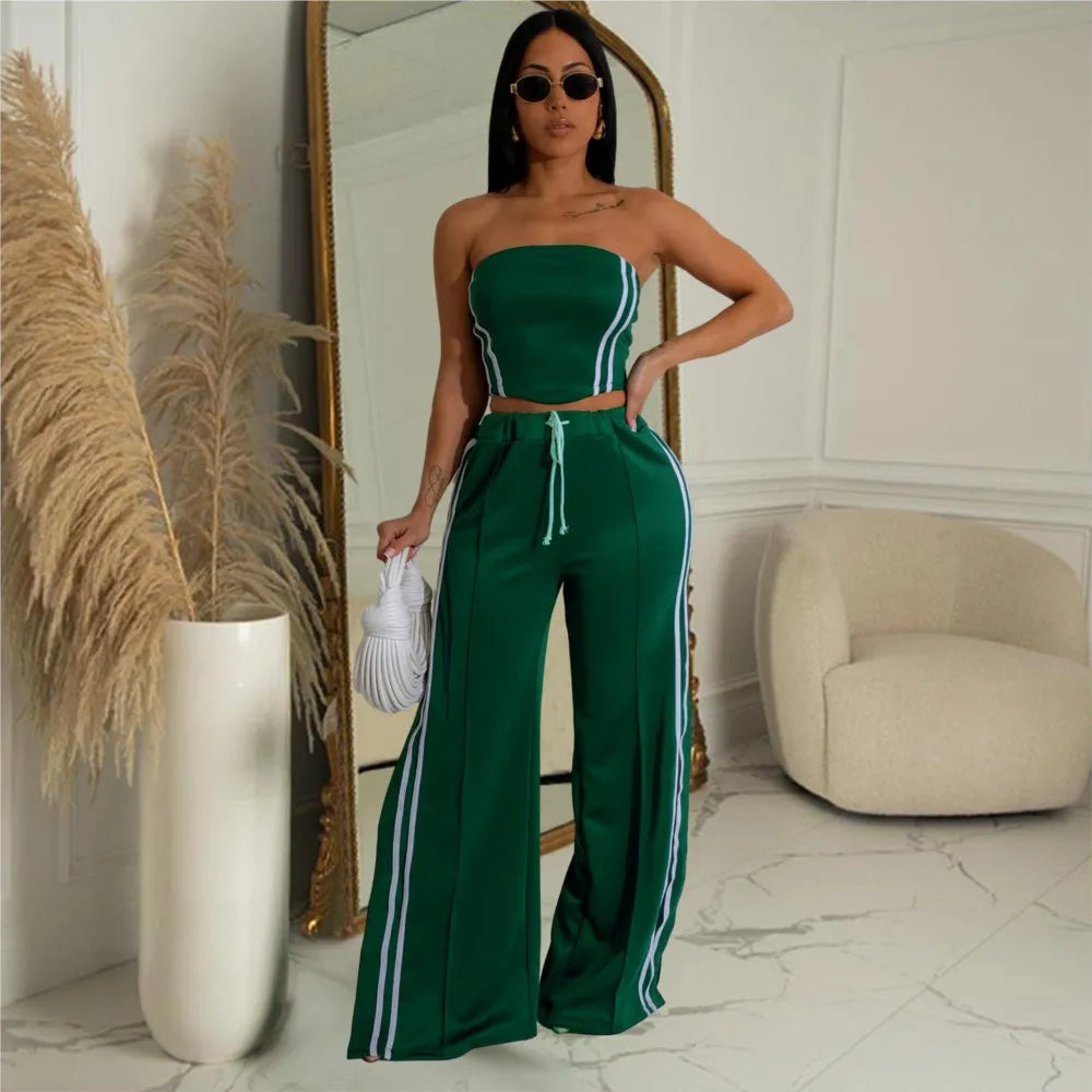 Women's Sexy Sleeveless Wide-leg Pants Two-piece Summer New Female Casual Solid Color Striped Top Long Pant Suit 2025. S-2x