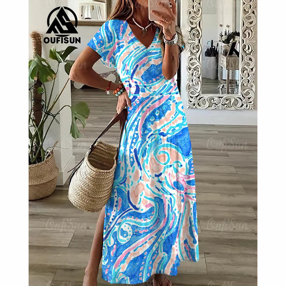 Tie-Dye Long Dress V-Neck Print Dress Loose Fit Women Dress. S-3X