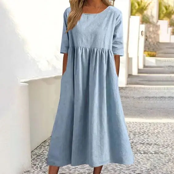 Casual Loose Long Plus Size High Waist Cotton Linen Dress. S-5X