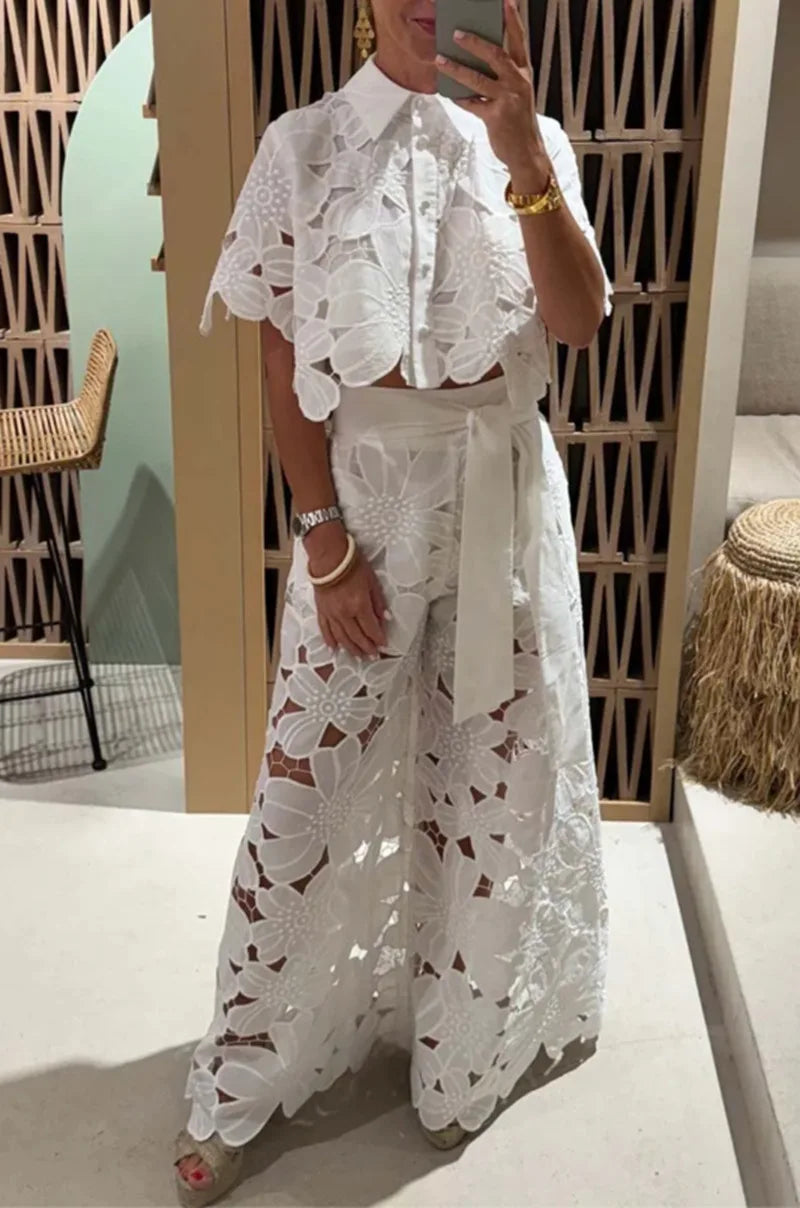 Sexy Lapel Single-breasted Shirt Top + Wide-leg Pants 2-piece Set Women. S-3x