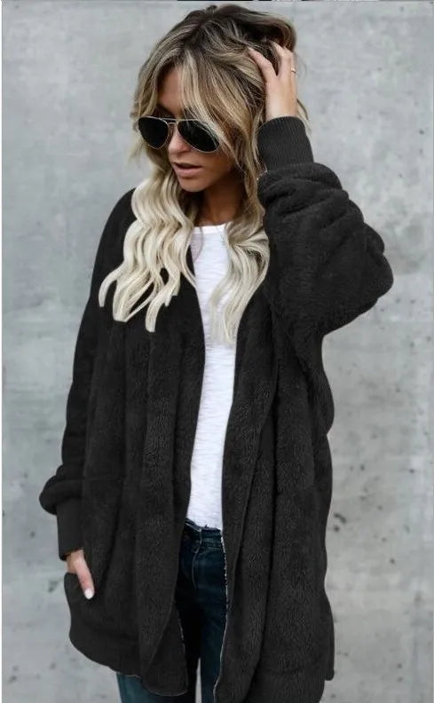 Double Fleece Cardigan Solid Colour Long Sleeve Plush Warm Hooded Lady Oversized Outerwear Coat. S-5X
