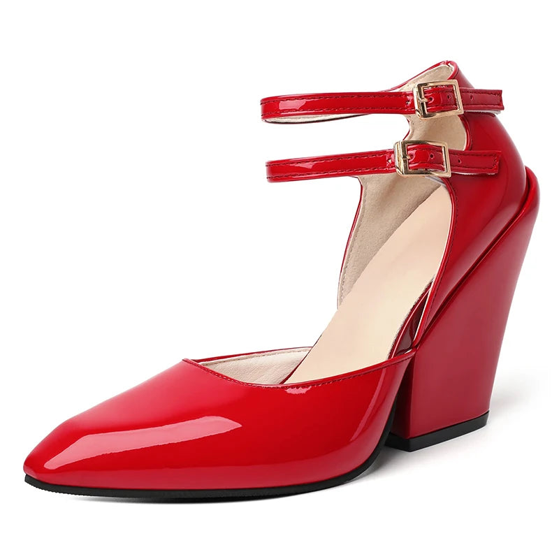 Red Pointed Sandals With Wedge Heel Leather High Heeled Elegant Shoe.