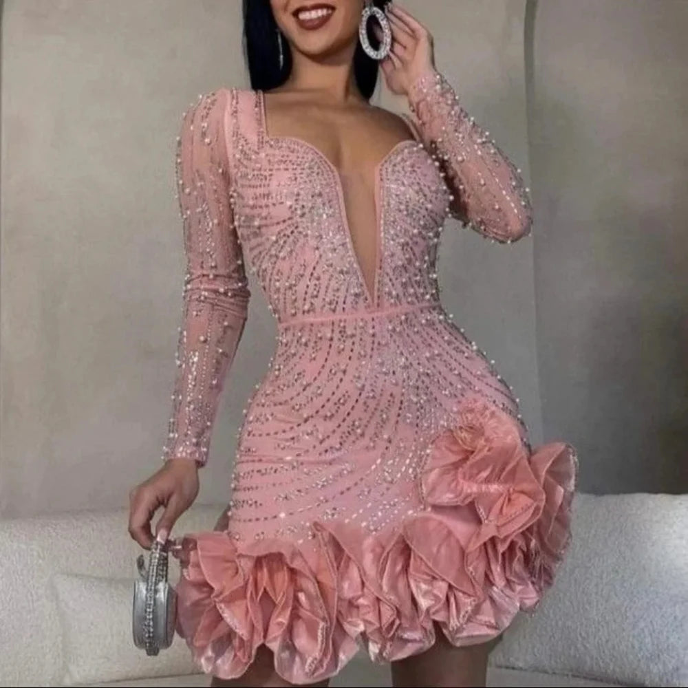 Long Sleeve V Neck Sexy Glittering Diamond Bodycon Mini Dress. S-2xL