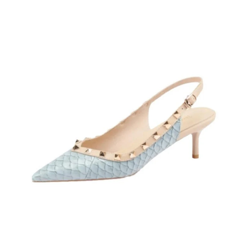 Sexy Women Sandals Rivets Pointed Toe Slingbacks Patent Leather Mid Heels Snakeskin Pattern Sandal