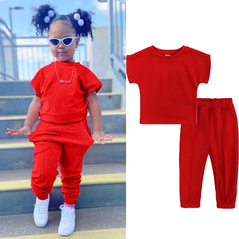 Fashion Kids Little Girls Clothing 2 Pieces Sets Cotton Solid Casual T-shirt+Elastic Waist Pants Young .