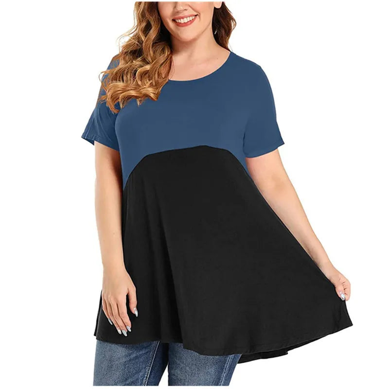 Women Shirt Plus Size Loose Short Sleeve Casual Ladies Contrast Colour Shirt.