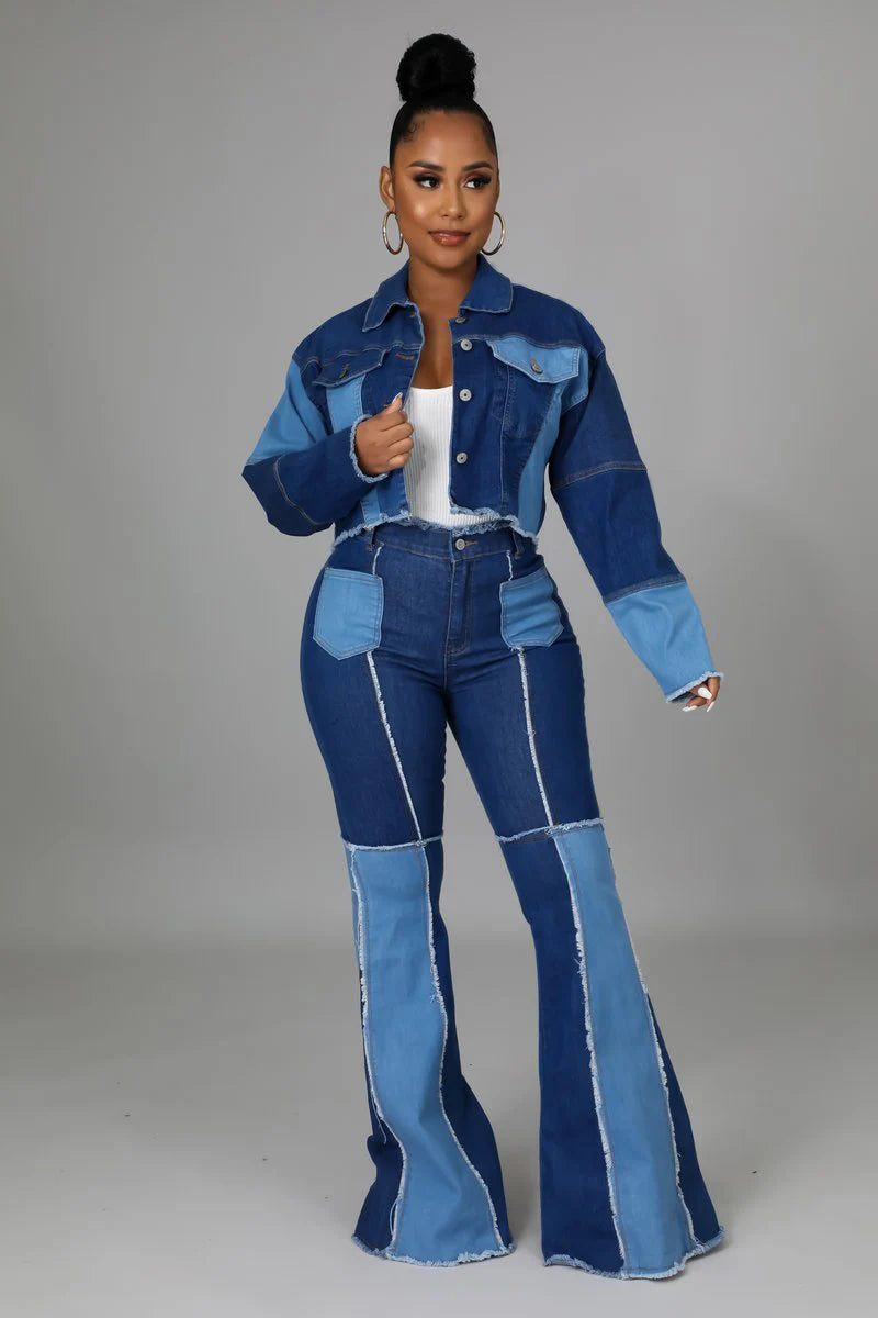 Women's Matching Set Denim Patchwork Vintage Short Jacket and Flare Pant Two Piece Set Outfit Autumn Casual Y2K Fashion Sets. S-5x