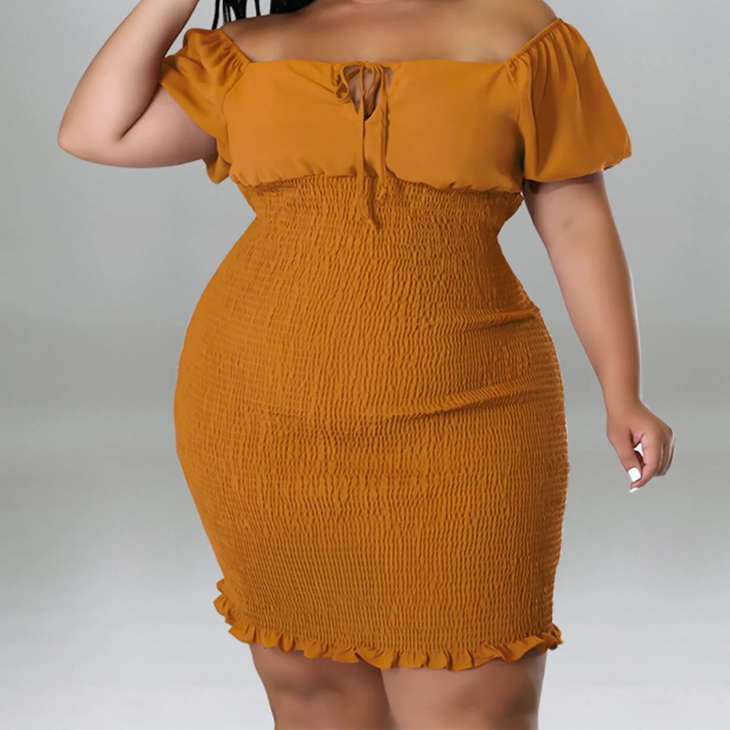 Summer Womens Plus Size Dress Sexy Short Sleeve Off Shoulder Ruffles Bodycon Sexy Solid Dress
